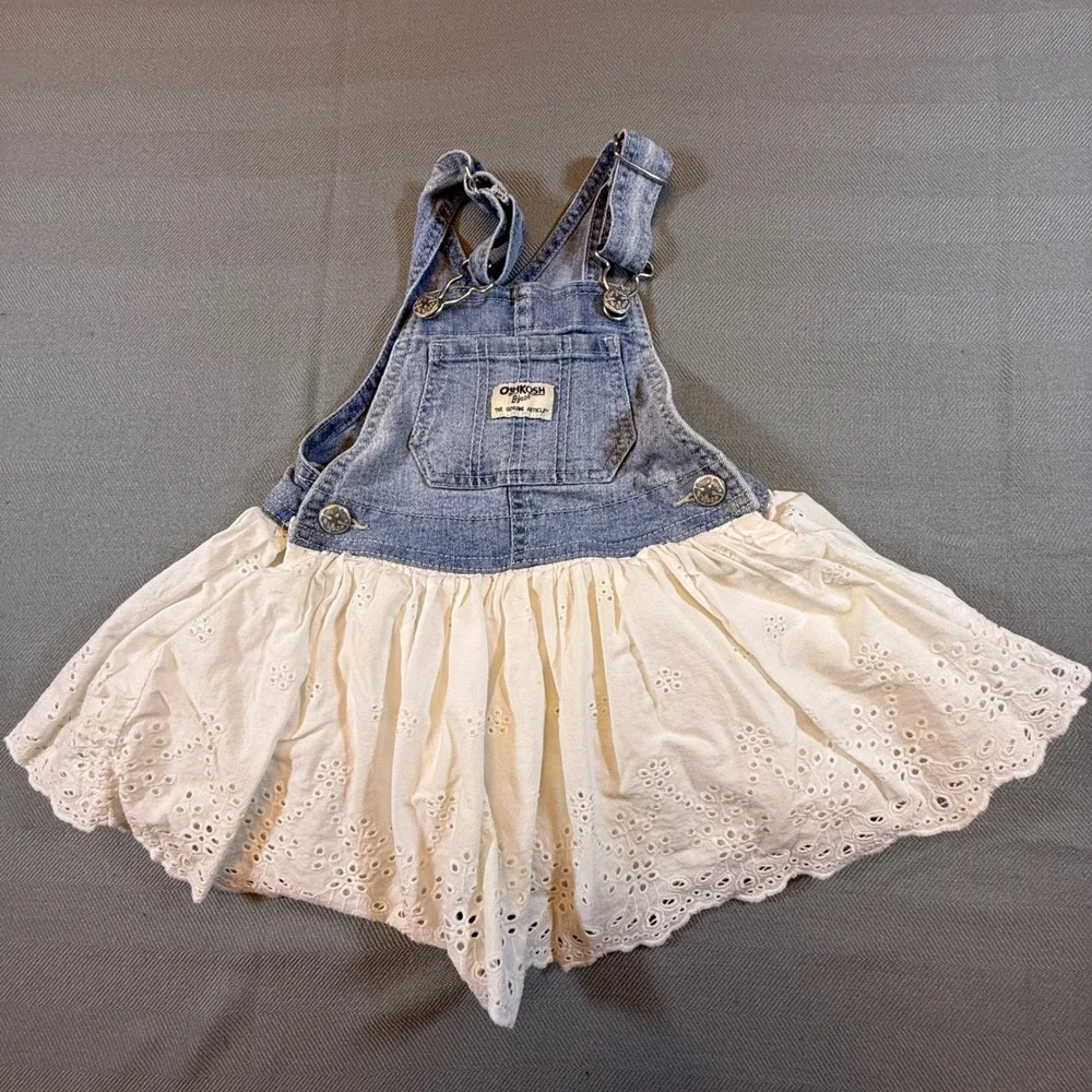 OshKosh Bgosh Toddler Girl Eyelet Lace Overall Dress 2T Blue White 2N011810 2064